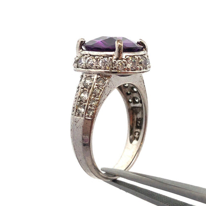 Designer 925 Sterling Silver Round Cushion Amethyst CZ Accents Cocktail Ring
