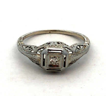 Vintage Art Deco 14K White Gold Round Diamond Filigree Square Engagement Ring