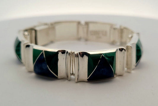 Oscar Figueroa Escorcia Taxco Silver 950 Lapis Malachite Panel Bracelet