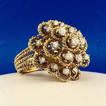 Stunning 18K Yellow Gold Diamond Floral Cluster Empire Setting Statement Ring