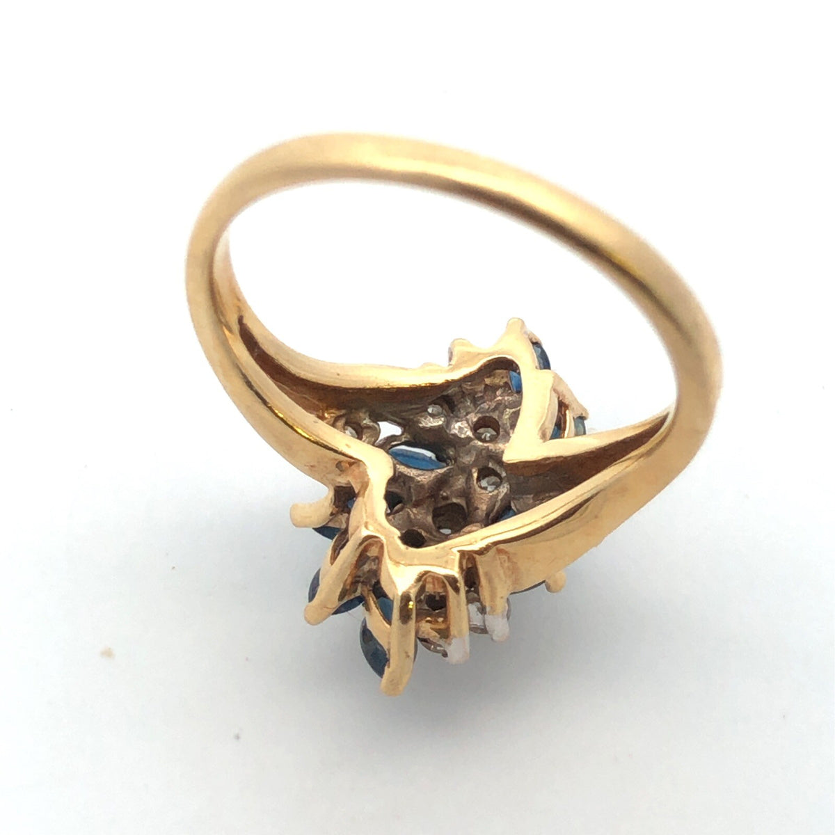 Designer 14K Yellow Gold Diamond Sapphire Wave Waterfall Cluster Cocktail Ring