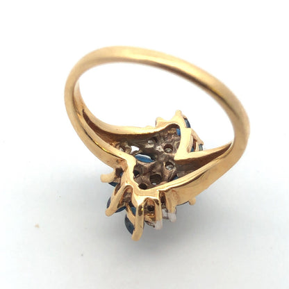 Designer 14K Yellow Gold Diamond Sapphire Wave Waterfall Cluster Cocktail Ring