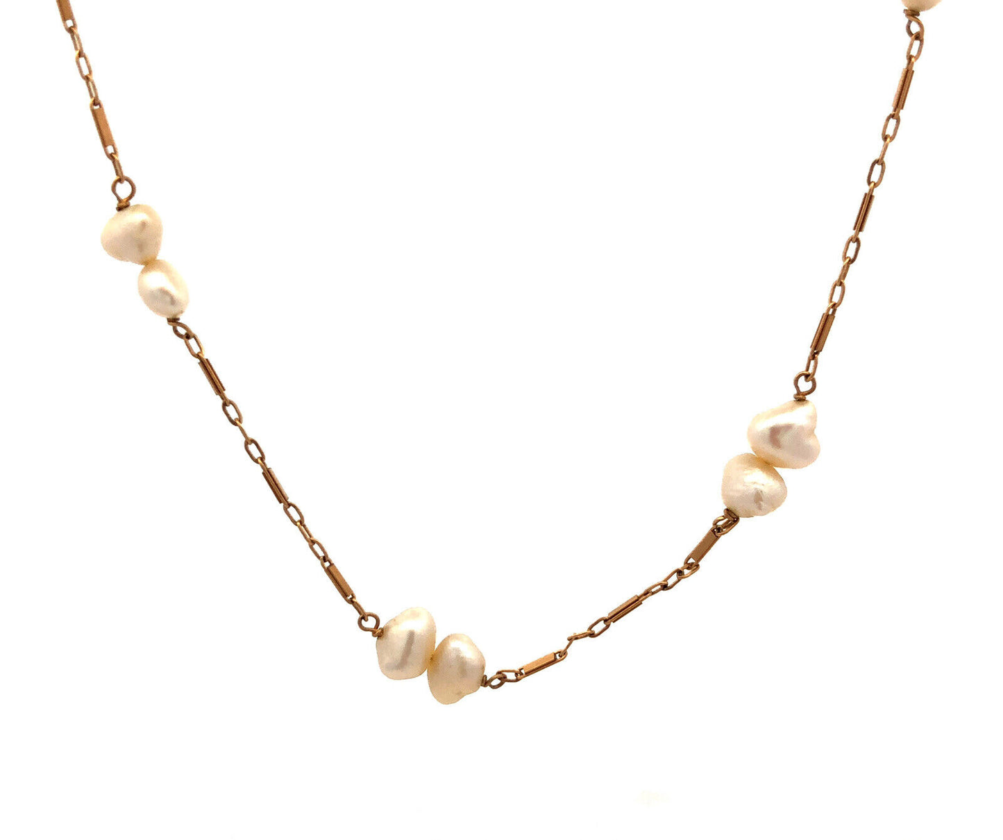 Estate 14K Yellow Gold White Pearl Beaded Bar Link Chain Layering Necklace
