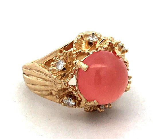 Vintage 14K Yellow Gold Round Morganite Diamond Flower Dome Cocktail Ring