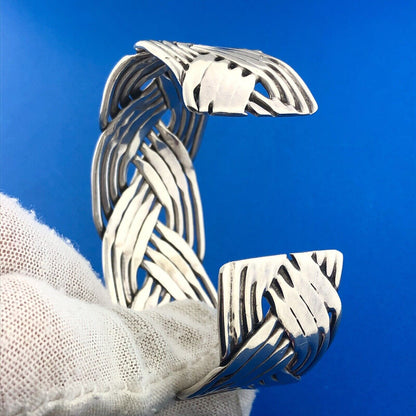 Vintage Taxco Mexico TE-5 925 Sterling Silver Basket Weave Open Cuff Bracelet