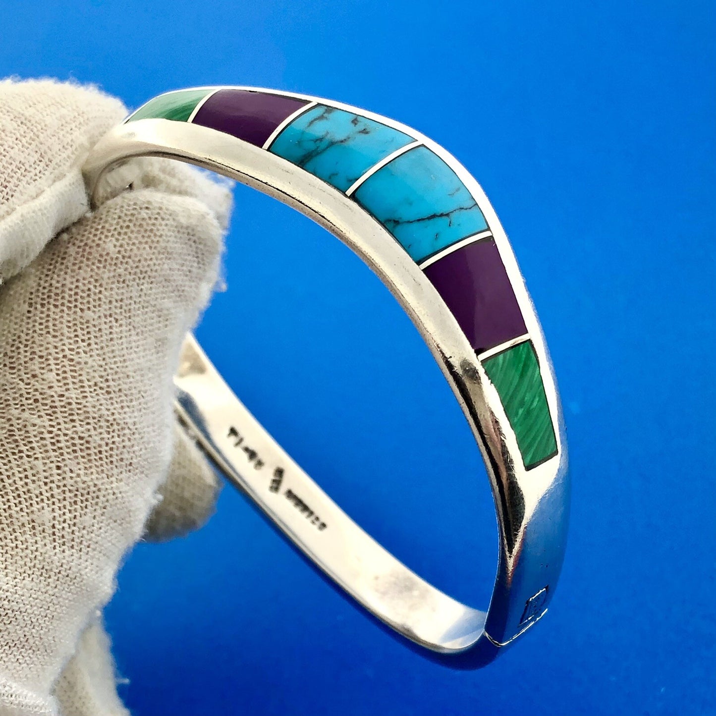 Vintage Taxco Signed 925 Sterling Silver Multi Gem Inlay Hinged Cuff Bracelet