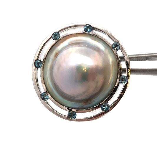 Designer 925 Sterling Silver Mabe Pearl Round Blue Topaz Statement Pendant