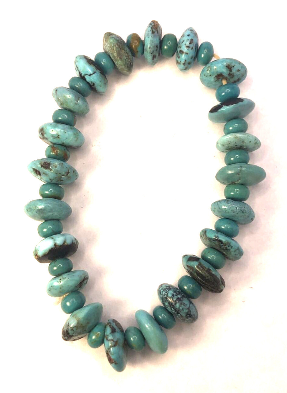 Estate Flat Round Beaded Natural Turquoise Elastic Cord Bracelet