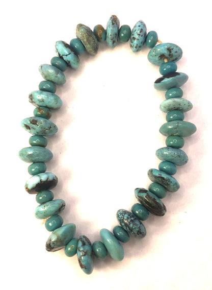 Estate Flat Round Beaded Natural Turquoise Elastic Cord Bracelet