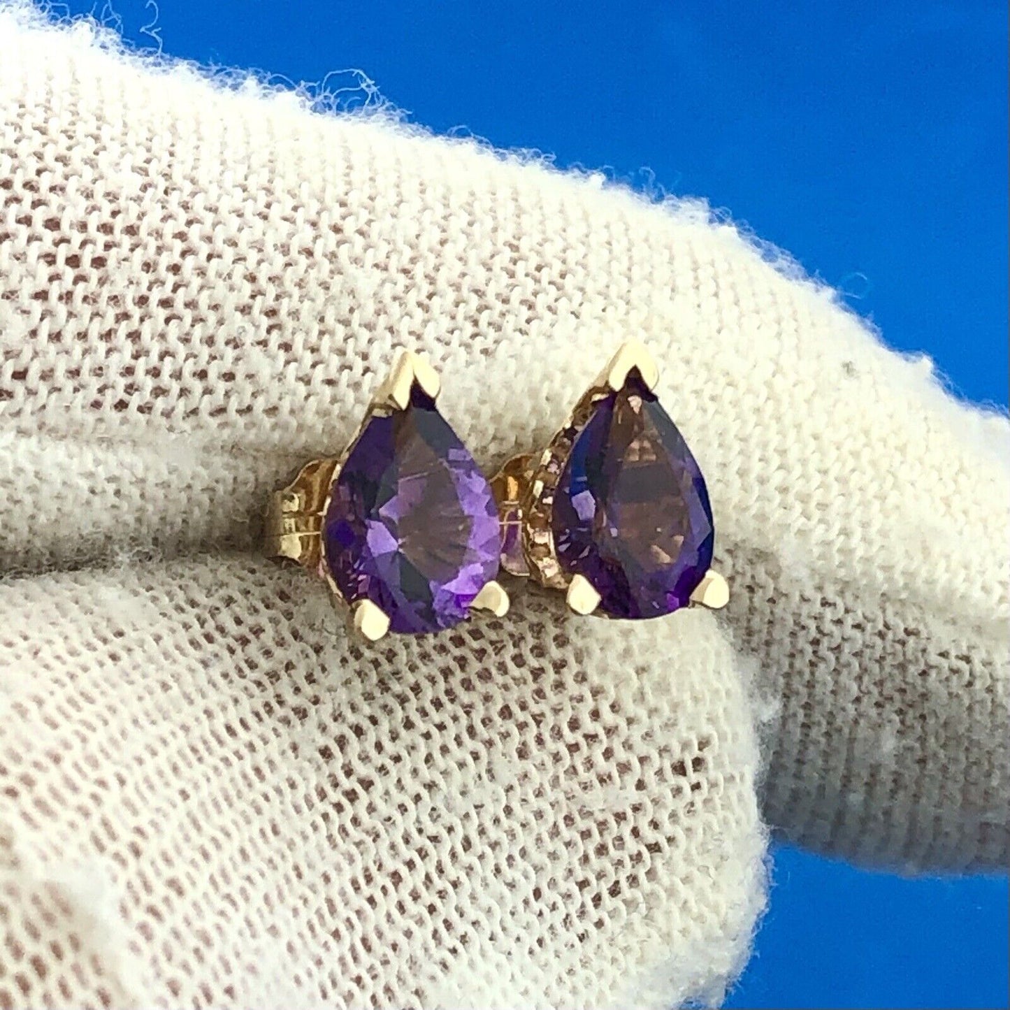 Designer CII 14K Yellow Gold Amethyst Pear February Occasion Stud Earrings
