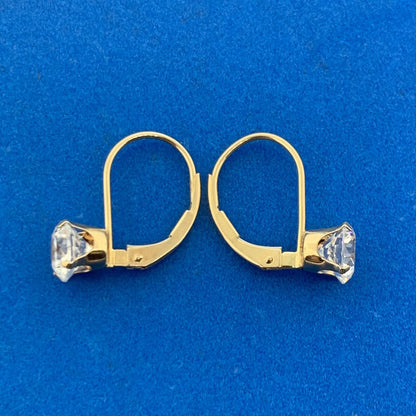 Estate 14K Yellow Gold Round Cubic Zirconia CZ Drop Dangle Leverback Earrings