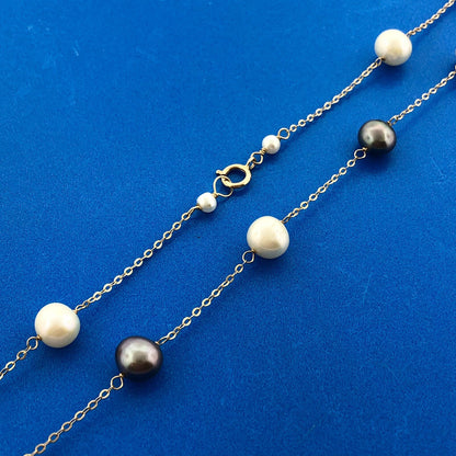 Designer 14K Yellow Gold Black And White Pearl Station Oval Link Necklace