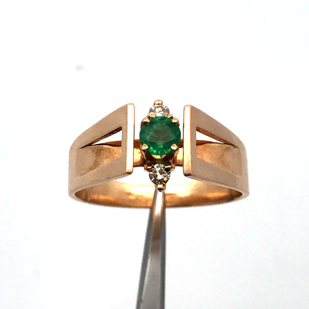 Designer 14K Yellow Gold Green Emerald Diamond Accent Modernist Ring