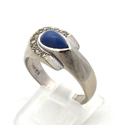 Designer 14K White Gold Blue Star Sapphire Diamond Accented Modernist Ring