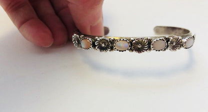 Navajo Running Bear R.B. Sterling Silver Pink Mother Of Pearl Flower Bracelet