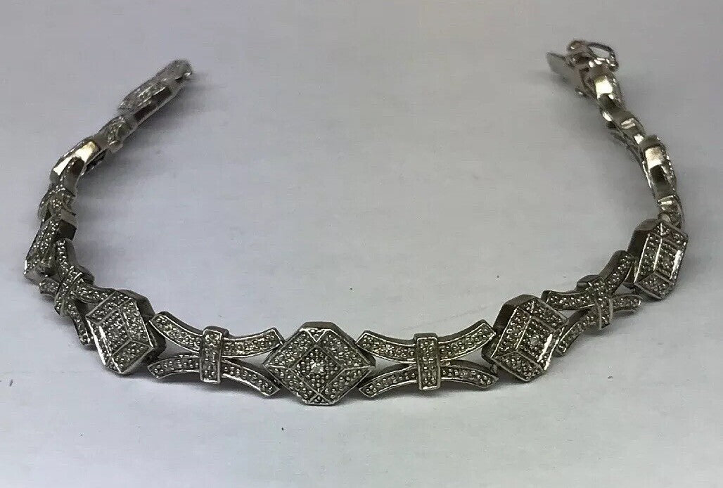 Vintage EA Sterling Silver 925 Diamond Modernist X O Link Tennis Bracelet