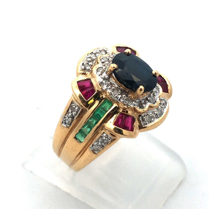 Designer 14K Yellow Gold Oval Blue Sapphire Emerald Ruby Diamond Accented Ring