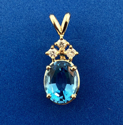14K Yellow Gold London Blue Topaz Diamond Drop December Anniversary Pendant