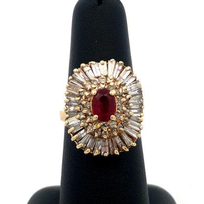 Estate 14K Yellow Gold Ruby Center Diamond Halo July Anniversary Statement Ring