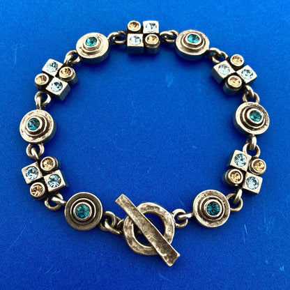 Designer M4M Silver Tone Blue Brown Swarvoski Crystal X O Toggle Bracelet