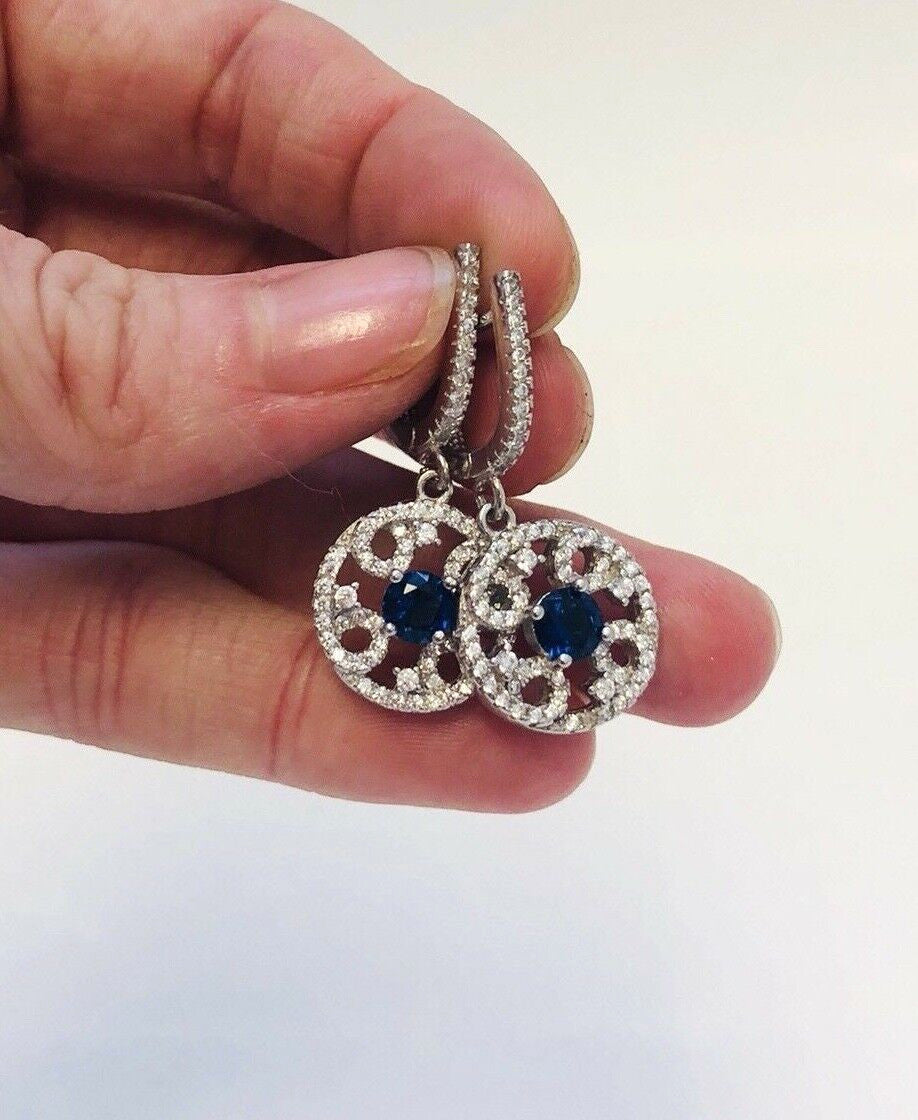 Elegant Sam & Co Sterling Silver 925 Blue Sapphire Diamond Drop Dangle Earrings