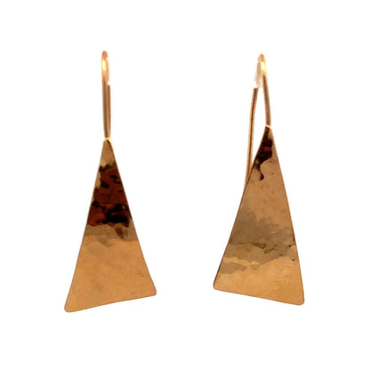 14K Yellow Gold Hammered Textured Modernist Triangle Dangle Earrings