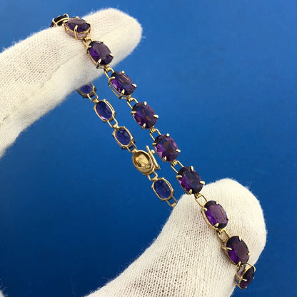 Designer 14K Yellow Gold Oval Amethyst February Statement Tennis Bracelet
