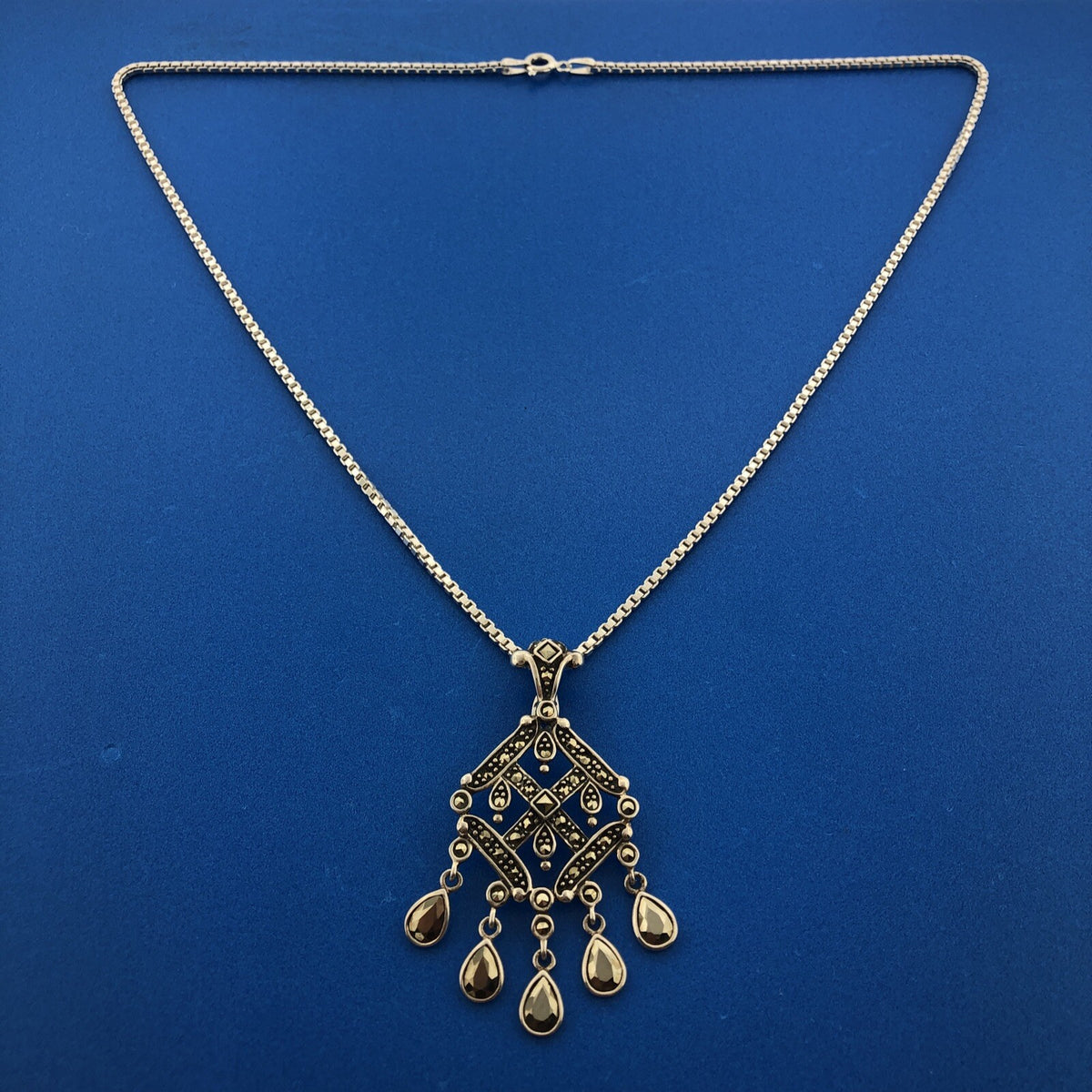 Marcasite Sterling Silver 925 Art Deco Style Dangle Pendant Enhancer Necklace