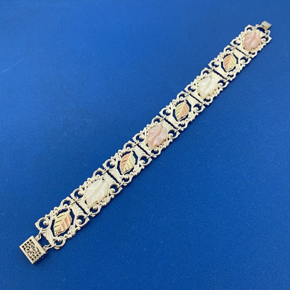 925 Sterling Silver 12K Yellow Rose Gold Mother Of Pearl Leaf Panel Bracelet