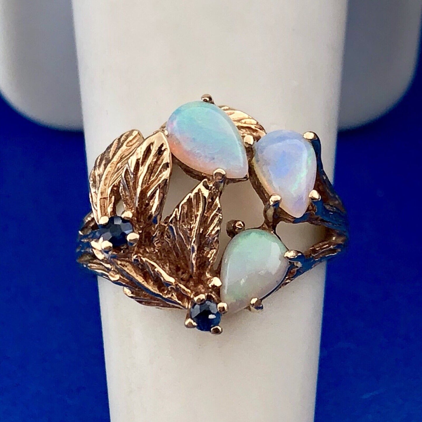 Vintage 10K Yellow Gold Opal Sapphire October Leaf Design Free Form Ring