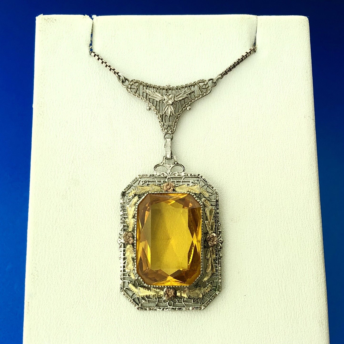 Italy 925 Sterling Silver 14K Yellow Gold Lemon Quartz Filigree Floral Necklace