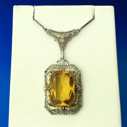 Italy 925 Sterling Silver 14K Yellow Gold Lemon Quartz Filigree Floral Necklace