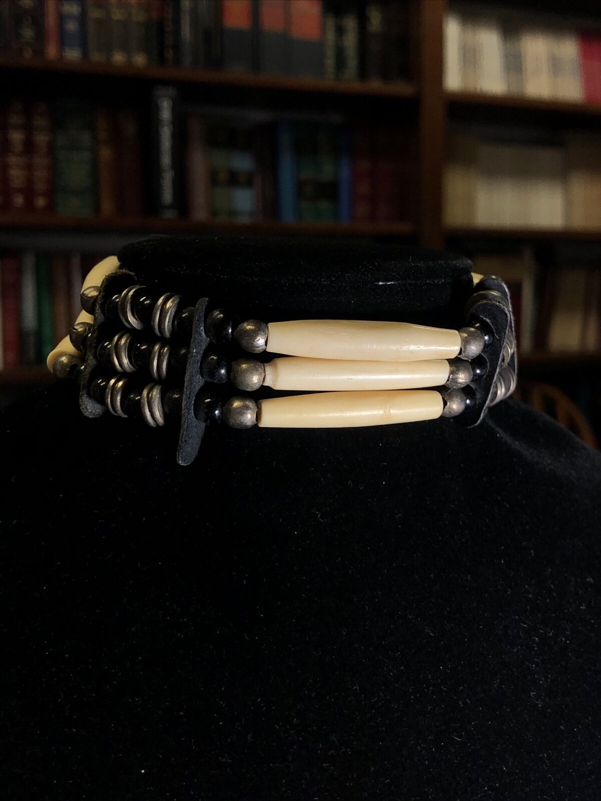 Vintage Native American Scrimshaw Bone Metal Leather Beaded Tie Choker Necklace