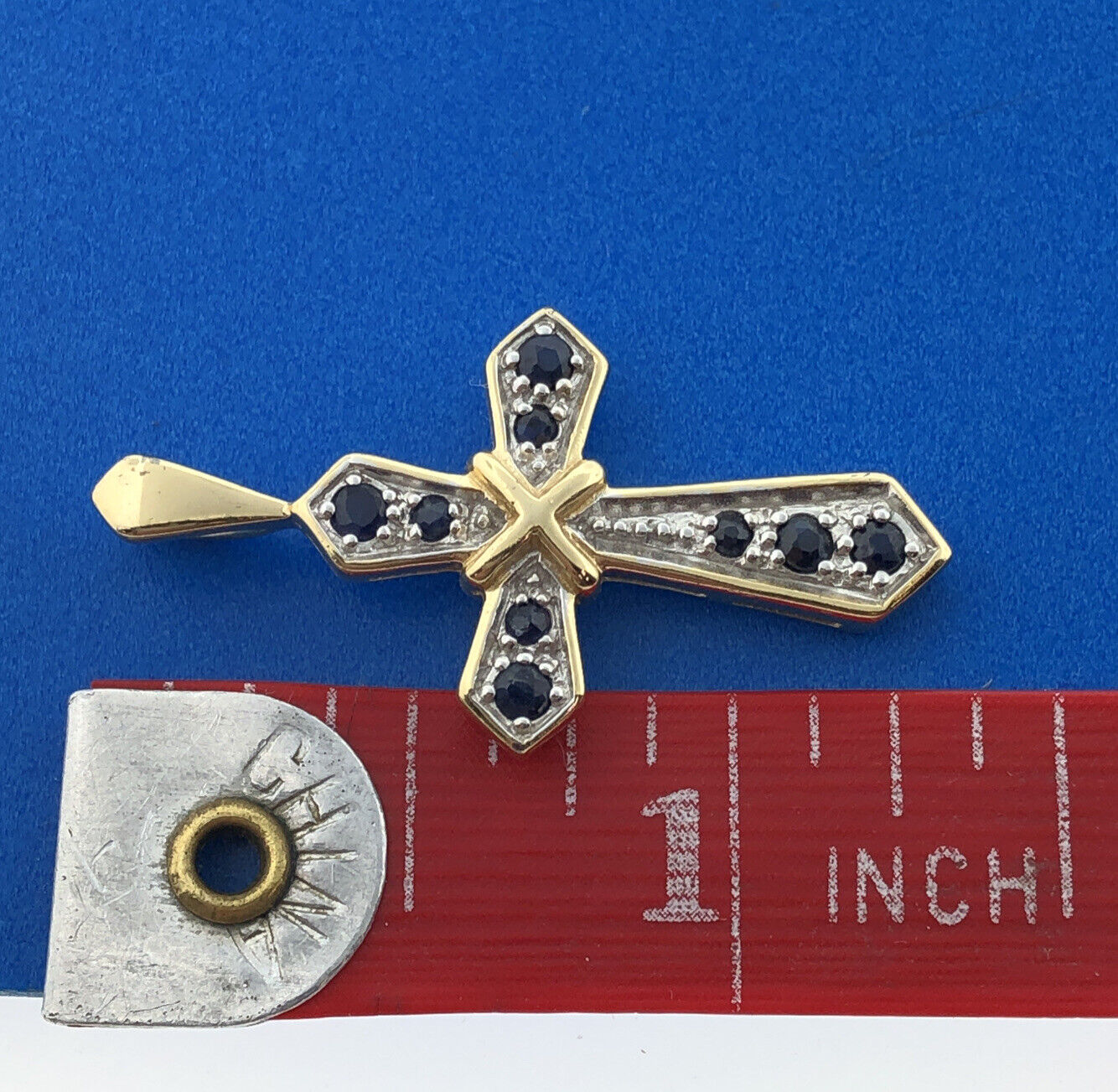 Designer JJT Vermeil Sterling Silver 925 Round Cut Sapphire Cross Faith Pendant