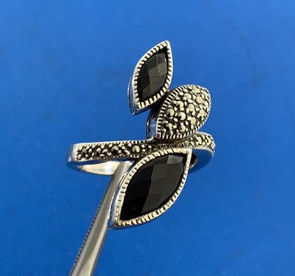 Designer 925 Sterling Silver Faceted Black Onyx Marquise Marcasite Accented Ring