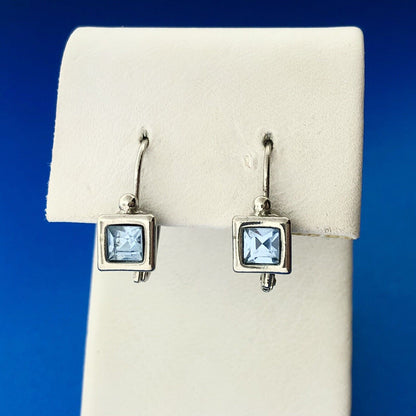 Lovely Silver Toned Princess Cut Light Blue Crystal Leverback Earrings