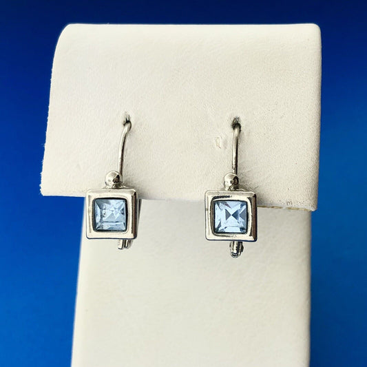 Lovely Silver Toned Princess Cut Light Blue Crystal Leverback Earrings