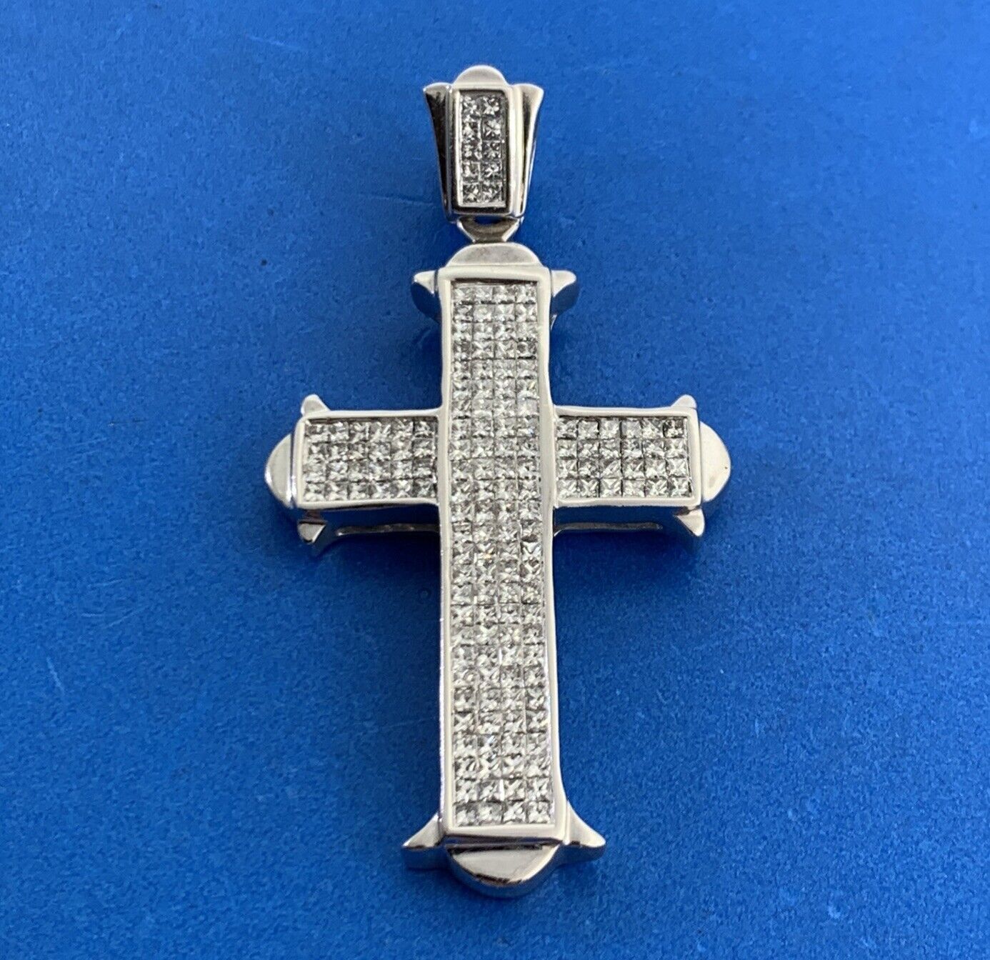 14K White Gold Princess Cut Diamond Statement Cross Pendant
