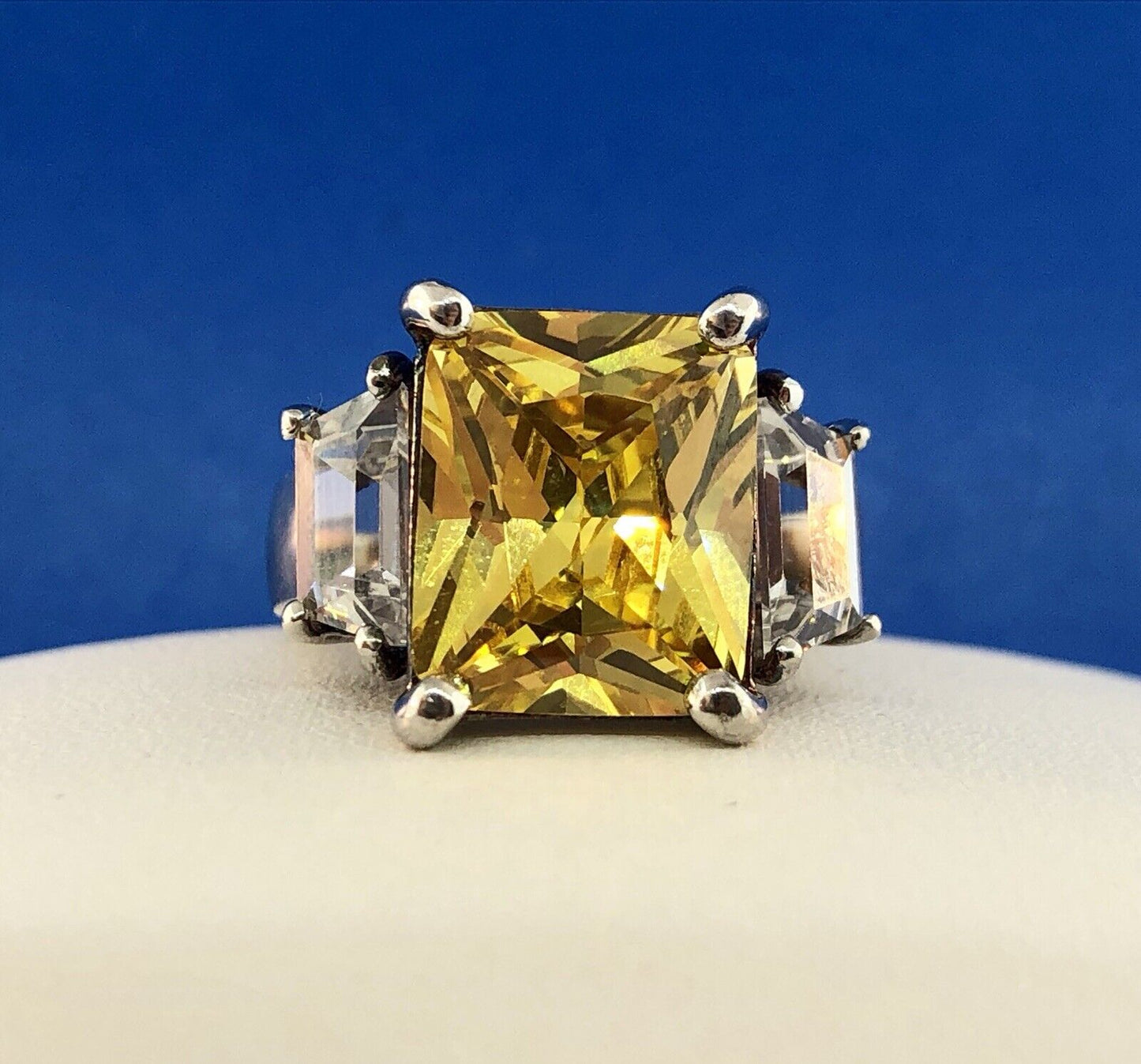 Dramatic Sterling Silver 925 Yellow White CZ Statement Fashion Cocktail Ring