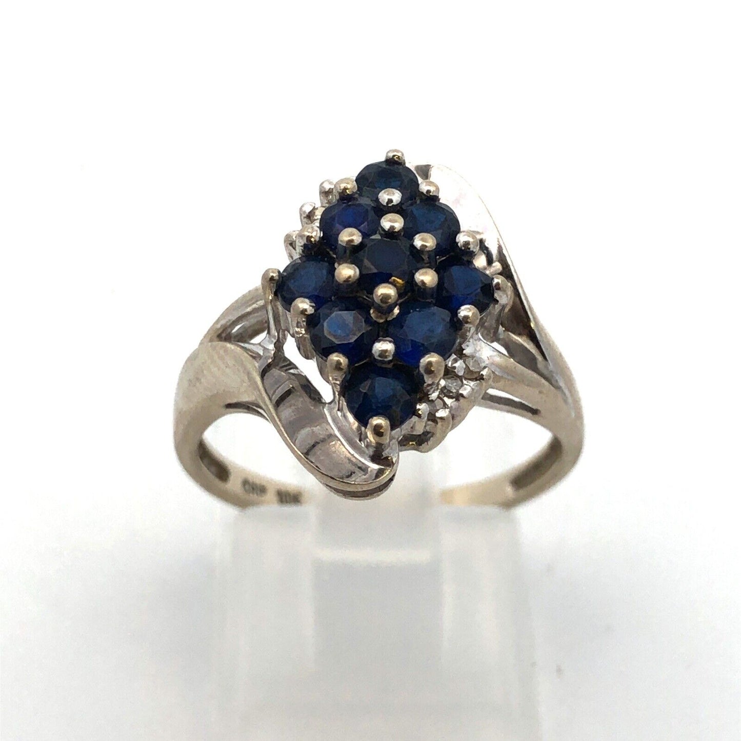 Designer 10K White Gold Round Sapphire Cluster W/Diamond Accents Cocktail Ring