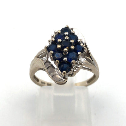 Designer 10K White Gold Round Sapphire Cluster W/Diamond Accents Cocktail Ring