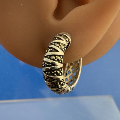Designer 925 Sterling Silver Marcasite Basket Weave Hoop Earrings