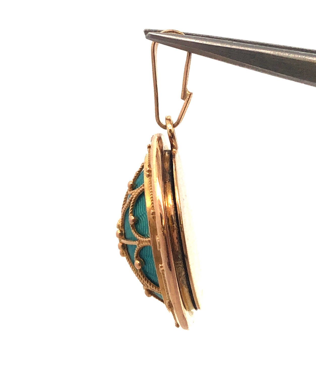 Art Nouveau Art Deco 14K Yellow Gold Aqua Turquoise Guilloche Enamel Pendant