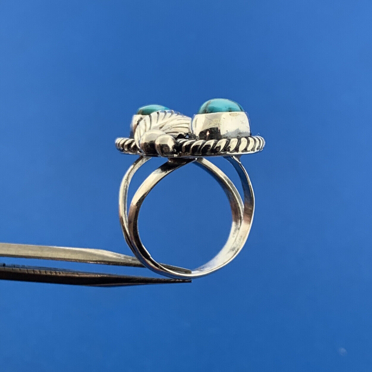 Designer J Lee Sterling Silver 925 Blue Turquoise Floral Finger Ring Size 4