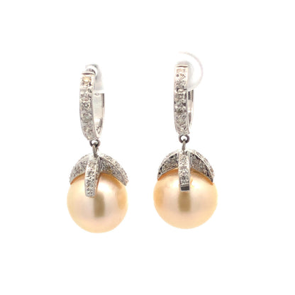 Vintage 18K White Gold Pearl Diamond Accent Dangle Drop Statement Hoop Earrings