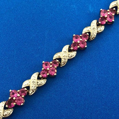 Designer 925 Sterling Silver Pink Spinel X O Floral Two Tone Tennis Bracelet