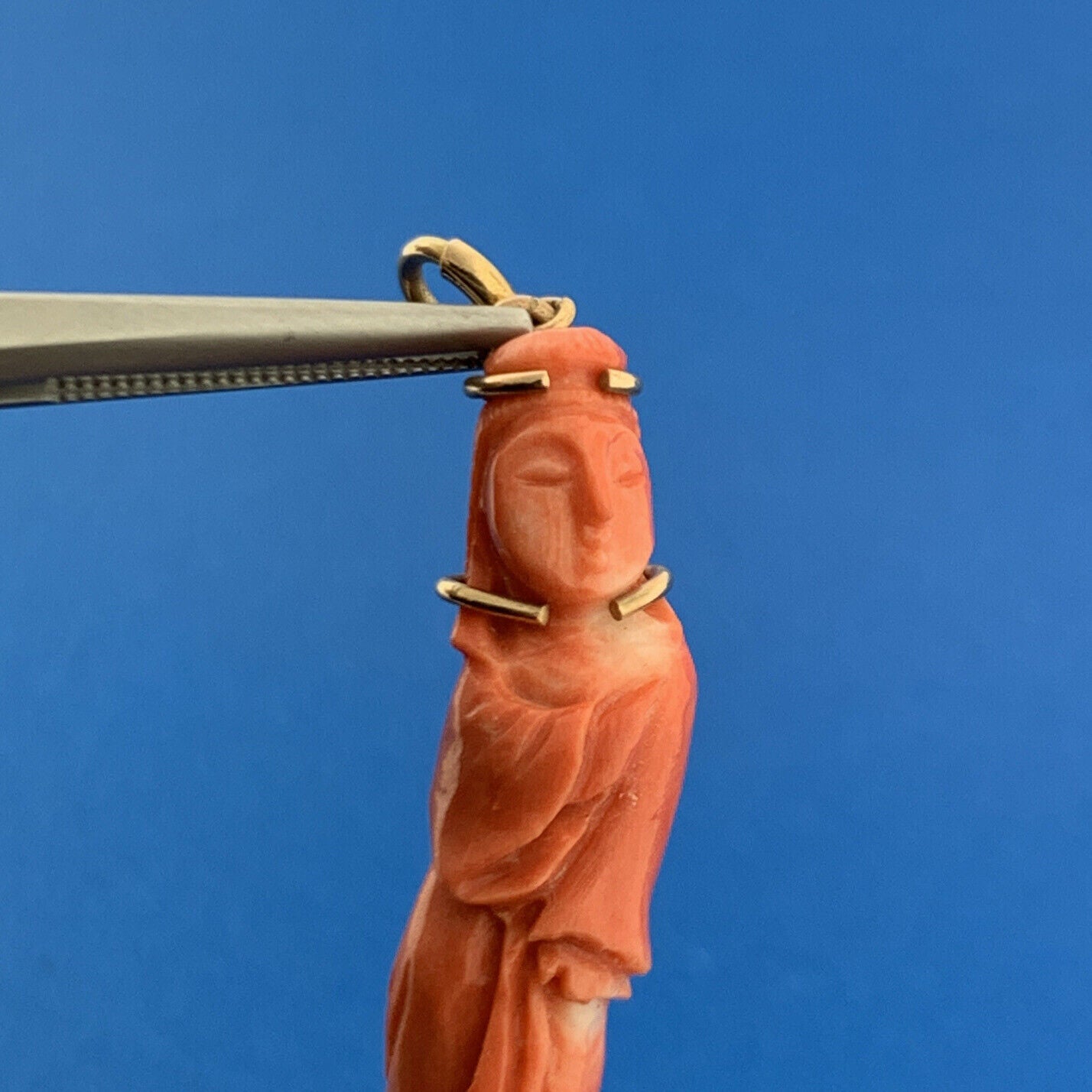 Gorgeous 14k Yellow Gold Carved Coral Chinese Eastern Wise Man Dangle Pendant