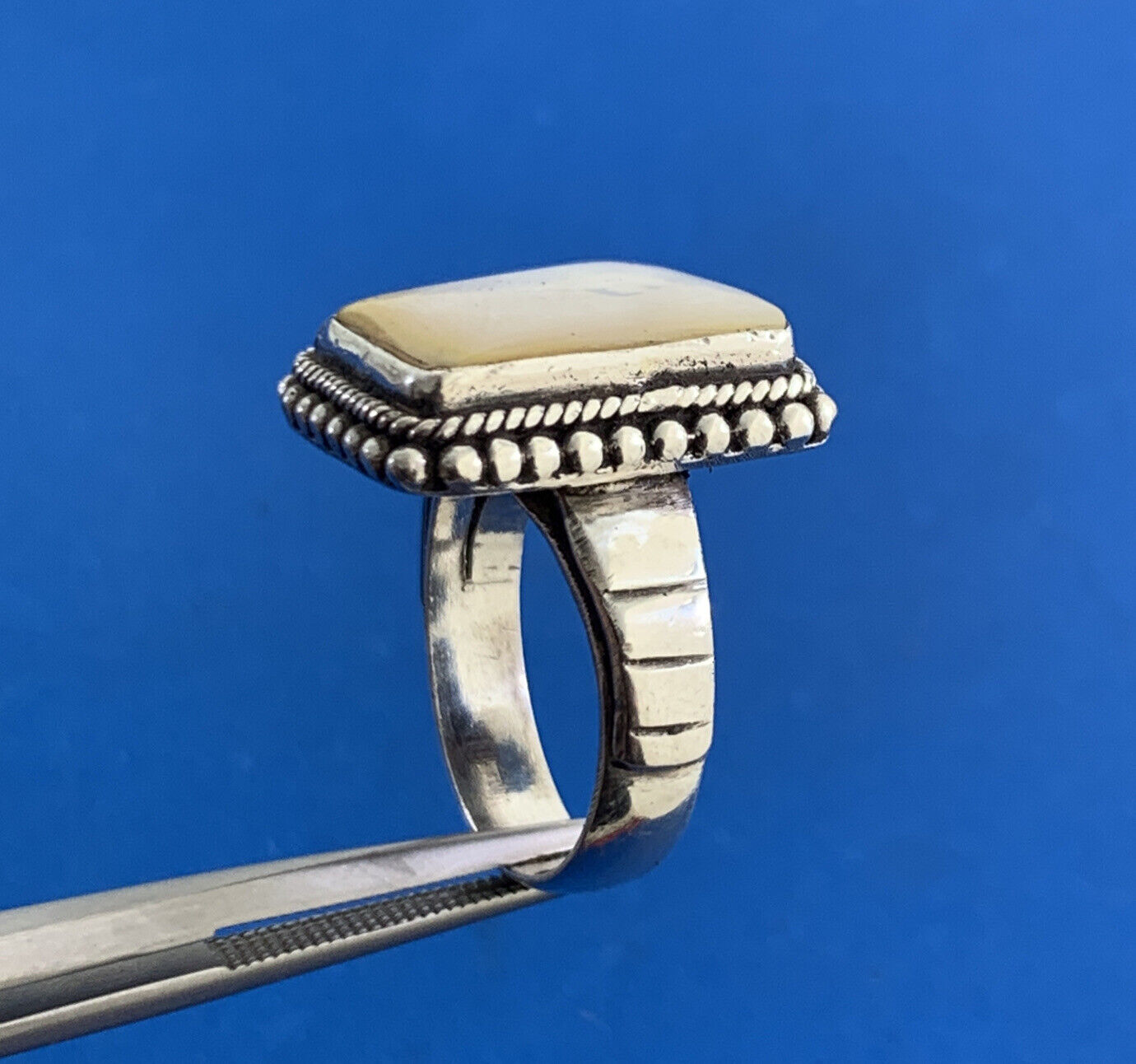 Vintage Mother of Pearl 925 Sterling Silver Rectangle Statement Ring
