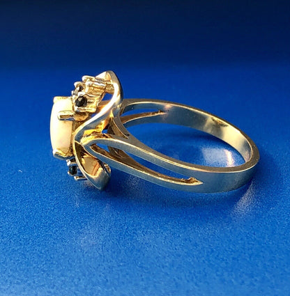 Retro 14K Yellow Gold Diamond Sapphire Opal Modernist Free Form Cocktail Ring