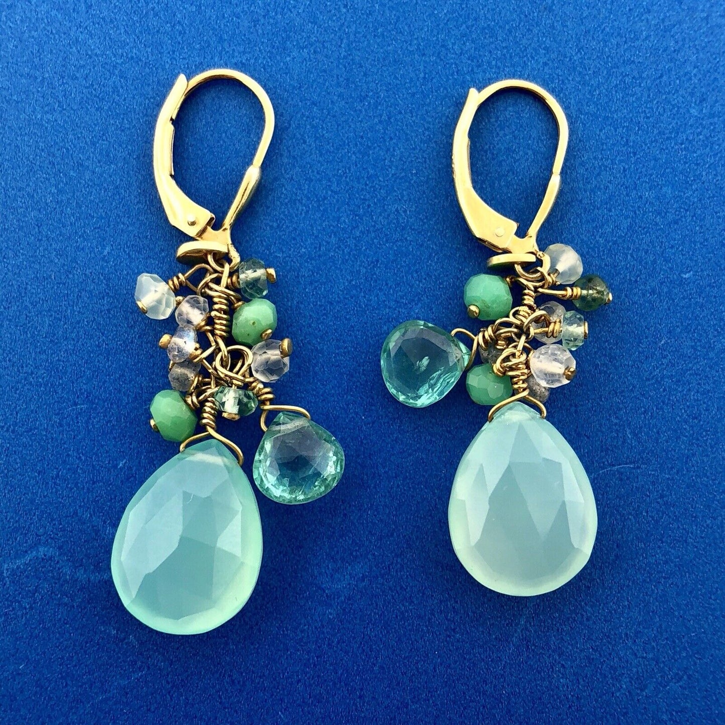India Sterling Silver Vermeil Green Blue Opalescent Beads Drop Dangle Earrings